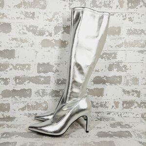 NEW OPEN EDIT Viv Pointy Toe Silver Tall Knee High Boots D659
